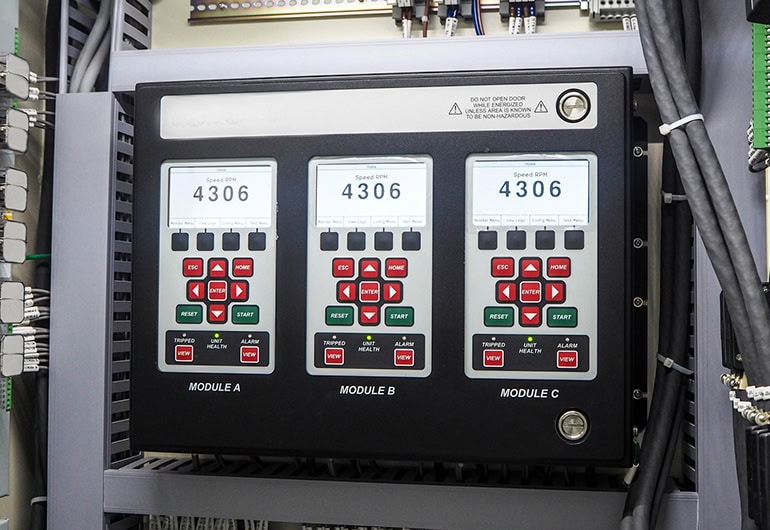 Electrical breaker inside electric panel in power plant.