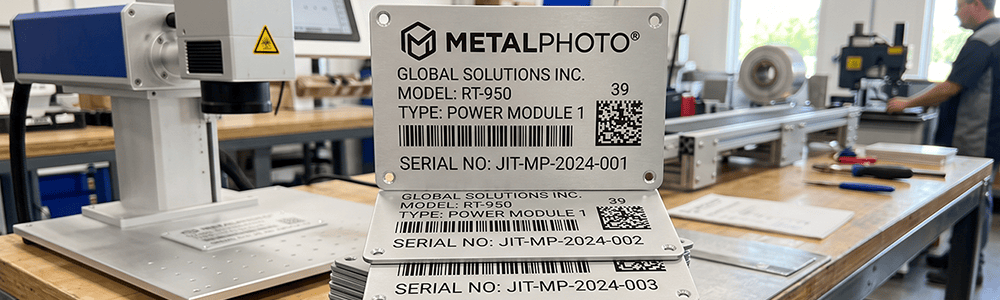 Close-up of metal nameplate with serial numbers and barcode at NPTEC.